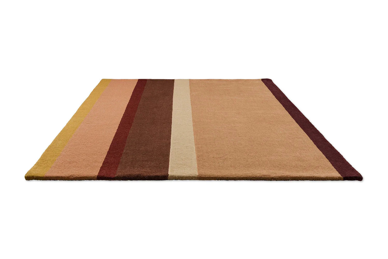 B&C Decor Linear Ruby Designer Rug featuring linear stripe pattern in mustard, peach, terracotta, beige and burgundy on warm tan, hand-tufted wool