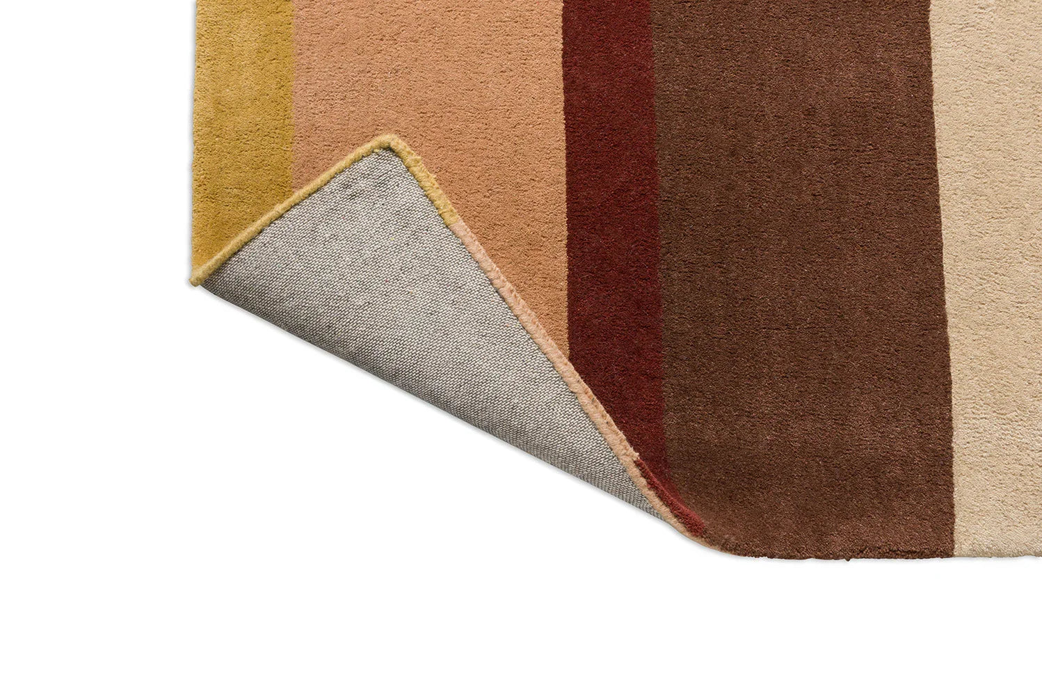 B&C Decor Linear Ruby Designer Rug featuring linear stripe in mustard, peach, tan, burgundy and cream on beige background, hand-tufted wool