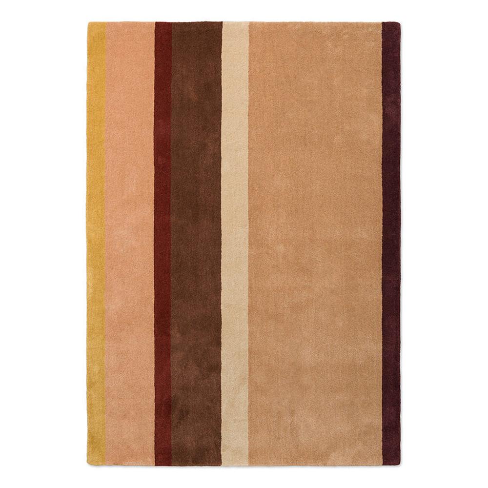 Brink and Campman Decor Linear Ruby hand-tufted wool rug featuring bold vertical colour blocks in golden mustard yellow, soft blush pink, deep burgundy, chocolate brown, cream, and plum with asymmetric composition
