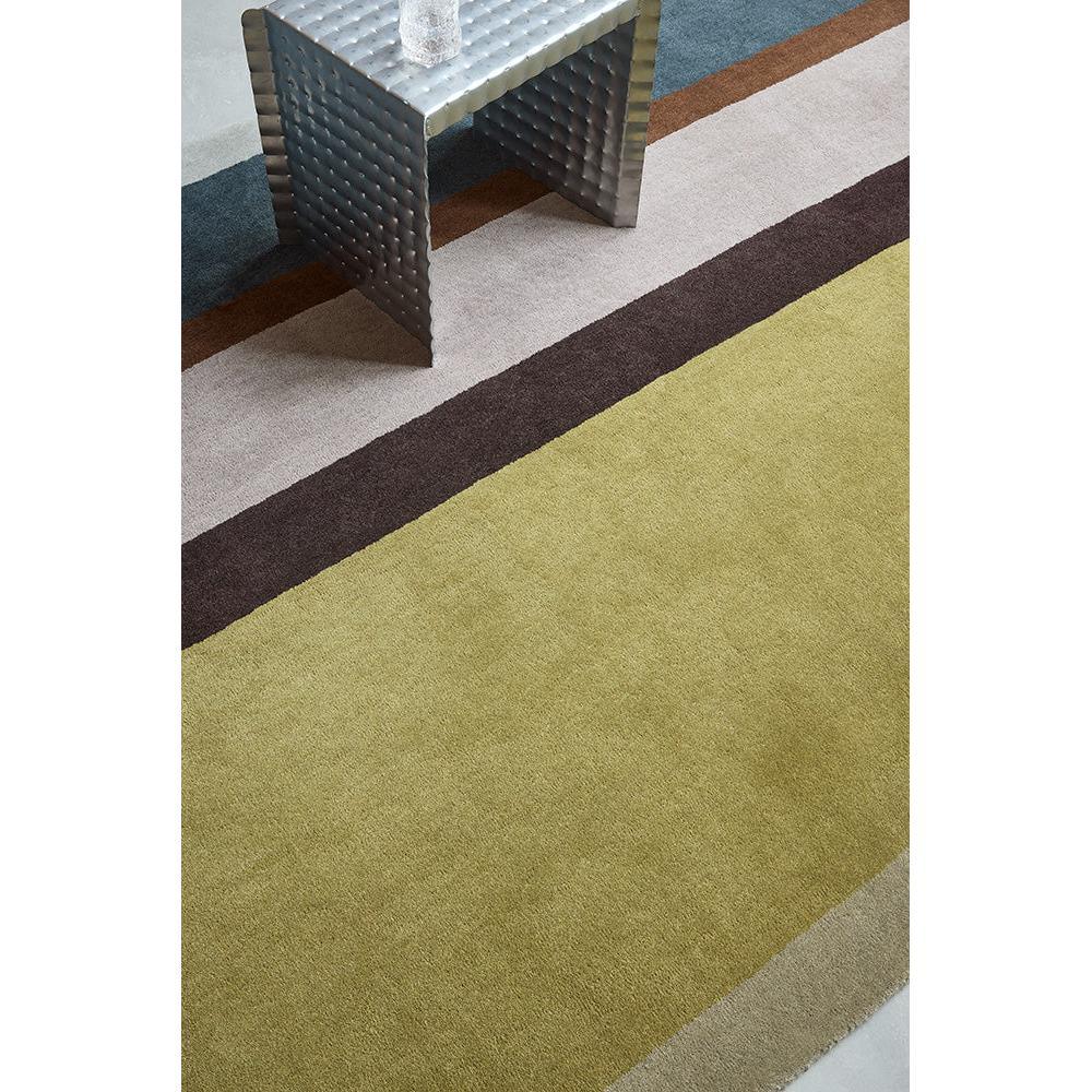 B&C Decor Linear Retro Rug featuring color-block pattern in olive green, taupe, beige and blue on pale beige background, hand-tufted wool