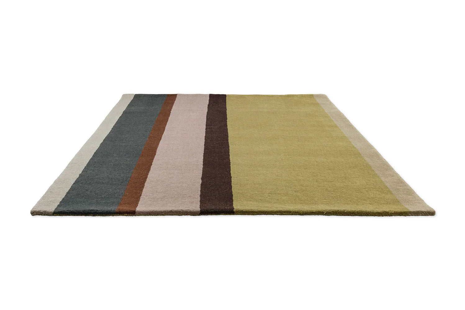 B&C Decor Linear Retro Rug featuring striped pattern in cream, slate grey, rust, blush pink, olive on pale beige, hand-tufted wool