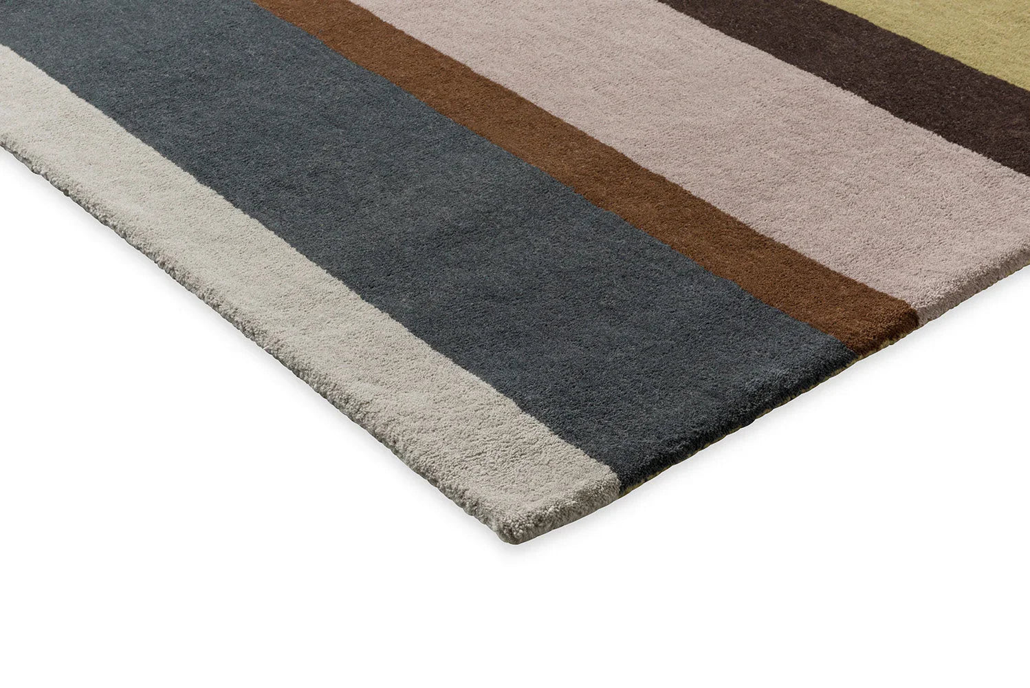 B&C Decor Linear Retro Rug featuring striped retro pattern in navy, slate, beige, taupe and brown on cream, hand-tufted wool