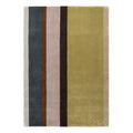 Brink and Campman Decor Linear Retro hand-tufted wool rug featuring bold vertical colour blocks in cream, charcoal grey, chocolate brown, soft lavender pink, golden olive green, and sage green with mid-century retro palette
