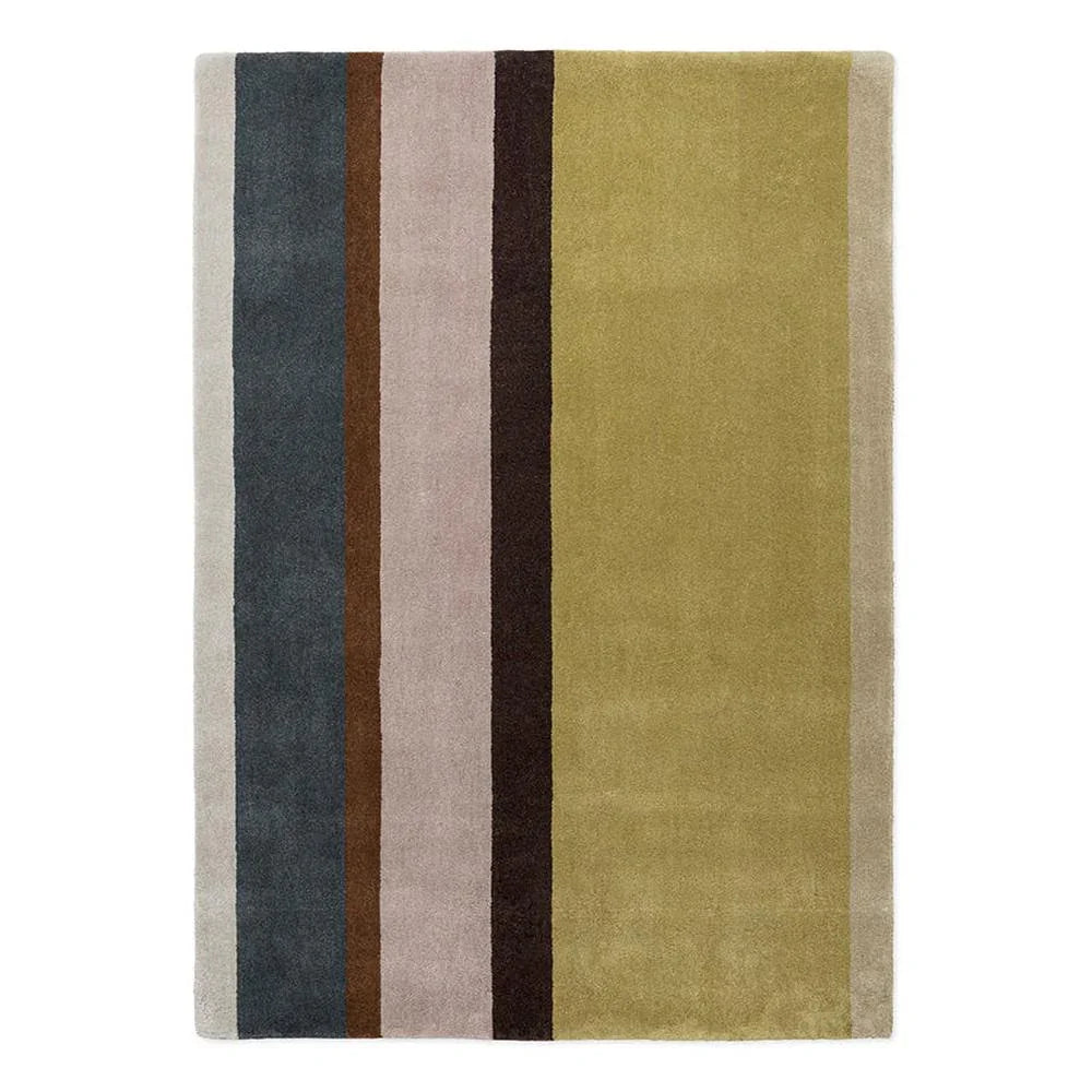 Brink and Campman Decor Linear Retro hand-tufted wool rug featuring bold vertical colour blocks in cream, charcoal grey, chocolate brown, soft lavender pink, golden olive green, and sage green with mid-century retro palette
