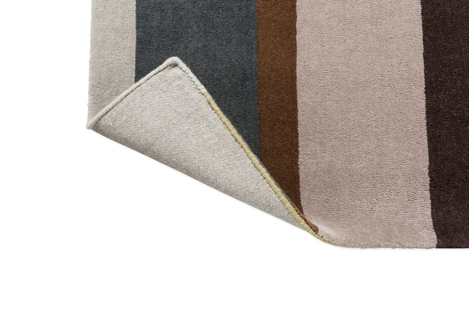 B&C Decor Linear Retro Rug featuring striped pattern in beige, cream, taupe, brown and charcoal on a light beige background, power-loomed polyester