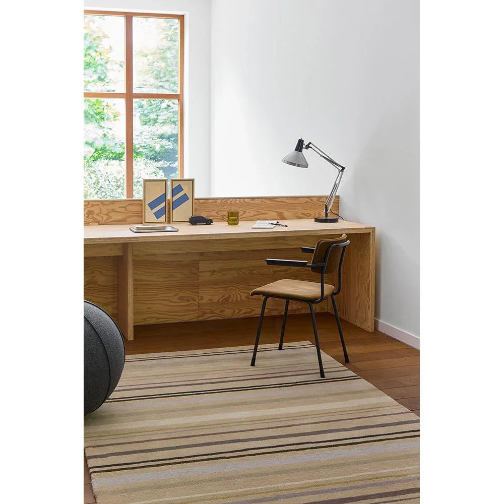 B&C Decor Shift Mineral Sand rug featuring striped pattern in beige, sand, taupe and ivory on cream background, machine-woven wool