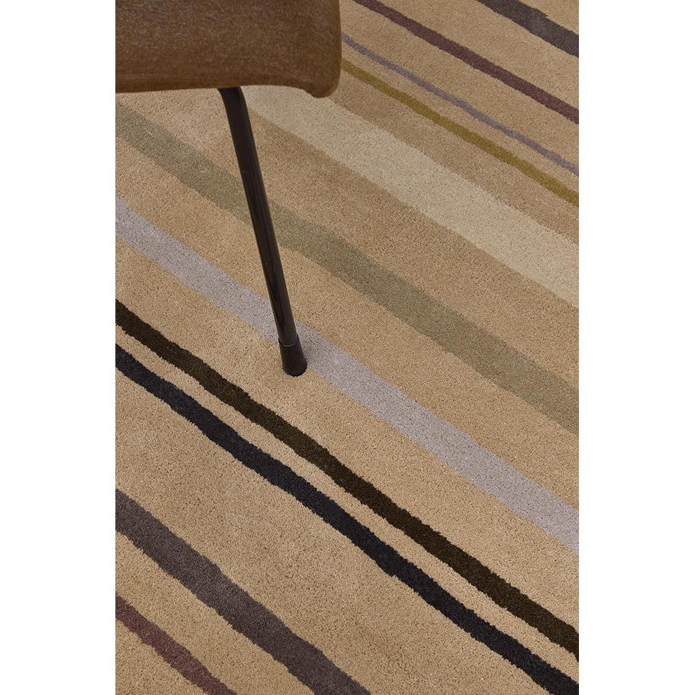 B&C Decor Shift Mineral Sand Rug featuring striped pattern in mineral sand, beige, taupe and brown on light beige background, machine-woven polyester