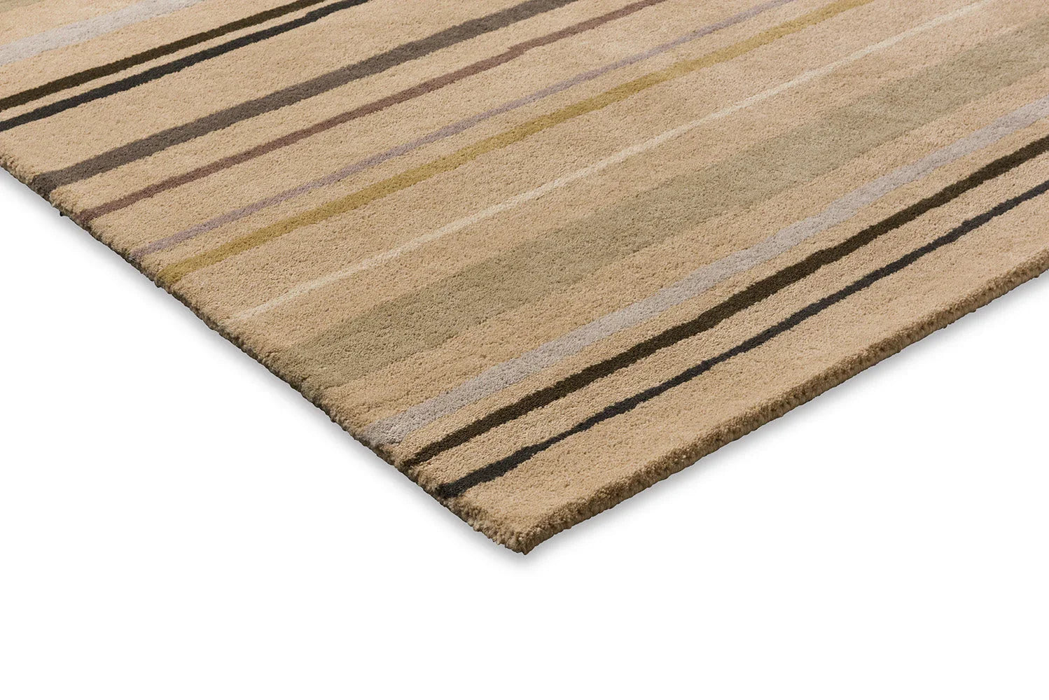 B&C Decor Shift Mineral Sand rug with striped pattern in beige, tan, brown, olive and grey on mineral sand, hand-tufted wool
