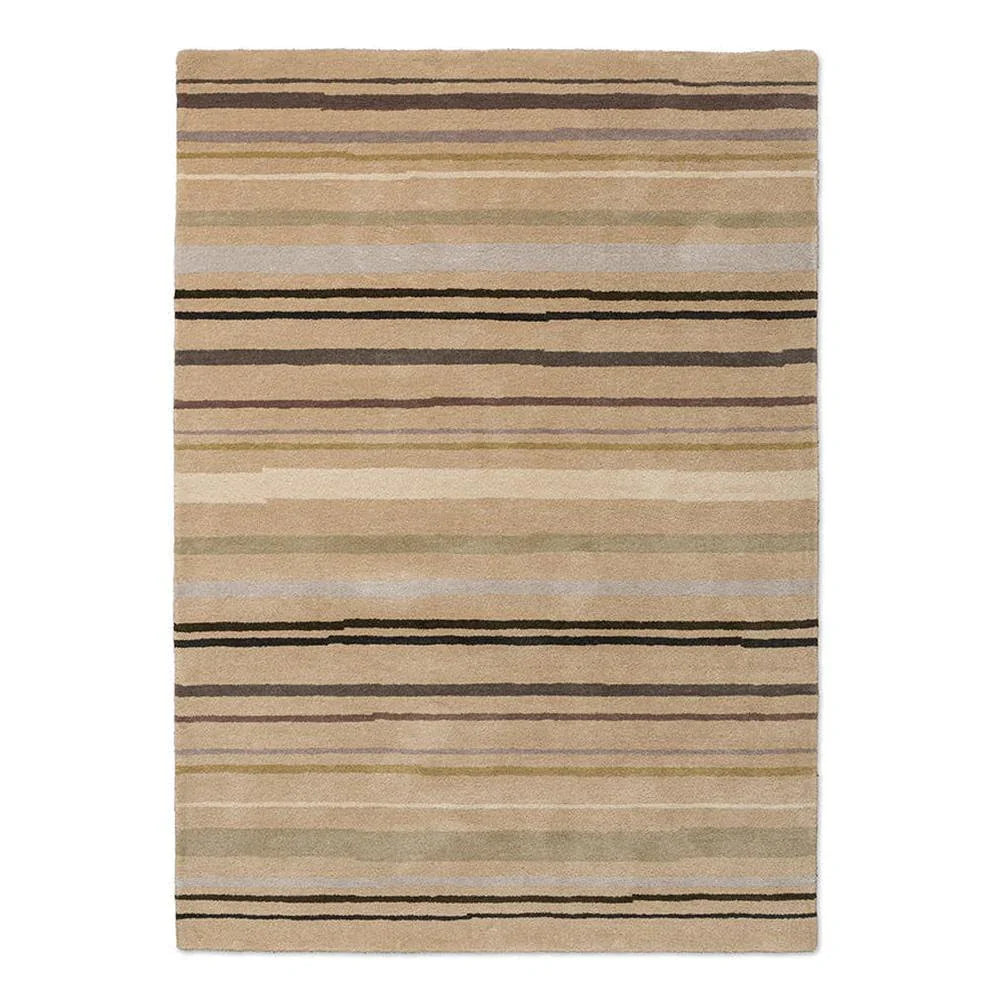 Brink and Campman Decor Shift Mineral Sand hand-tufted wool rug featuring horizontal bands in earthy neutral palette of warm sandy beige, soft taupe, muted olive green, charcoal brown, and cream with serene colour-shift effect
