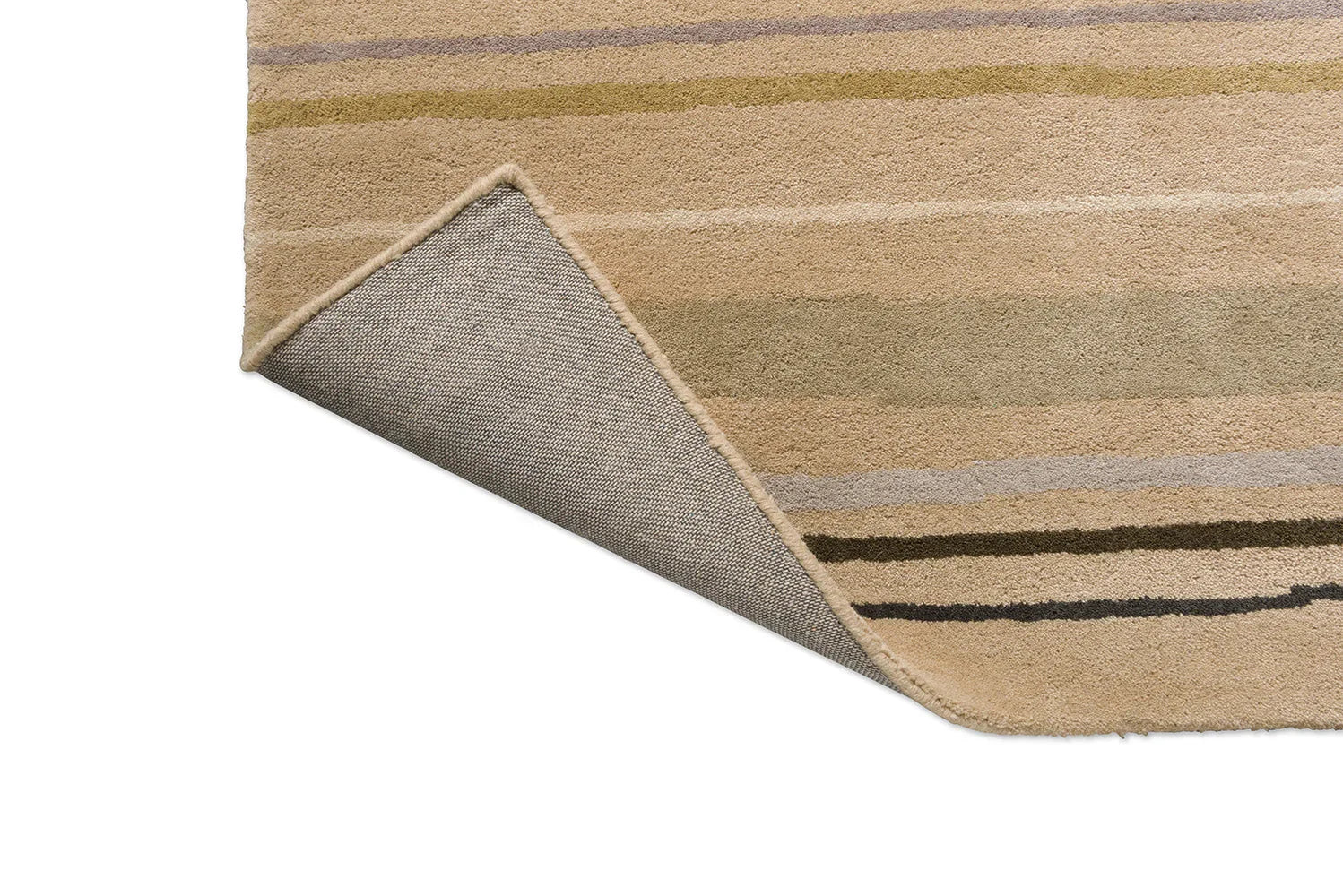 B&C Decor Shift Mineral Sand Rug featuring abstract striped pattern in beige, sand, olive and ochre on cream background, hand-tufted wool
