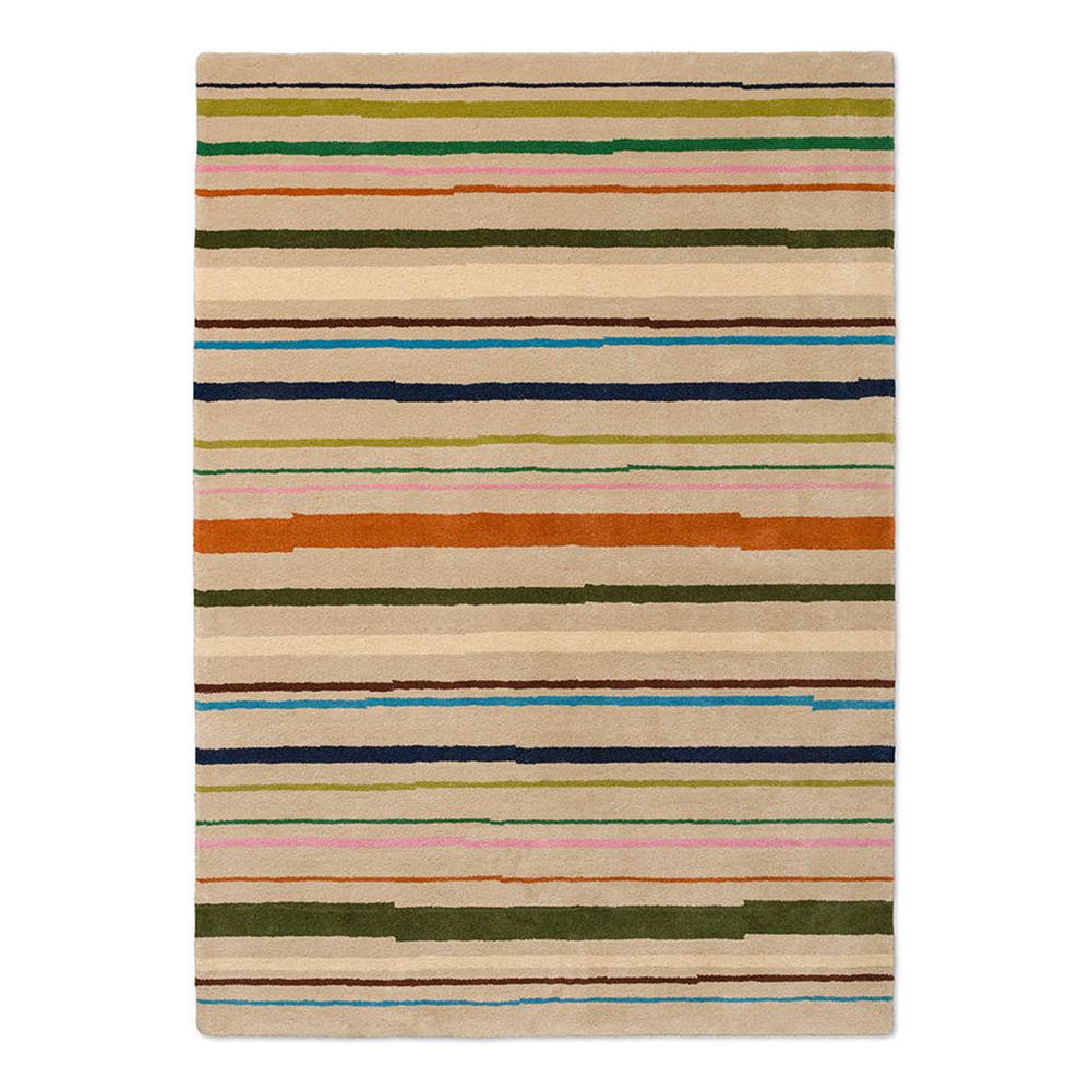 Brink and Campman Decor Shift Multi Beige hand-tufted wool rug featuring vibrant horizontal bands in warm beige, burnt orange, emerald green, olive, navy blue, turquoise, soft pink, and lime green with playful colour-shift effect
