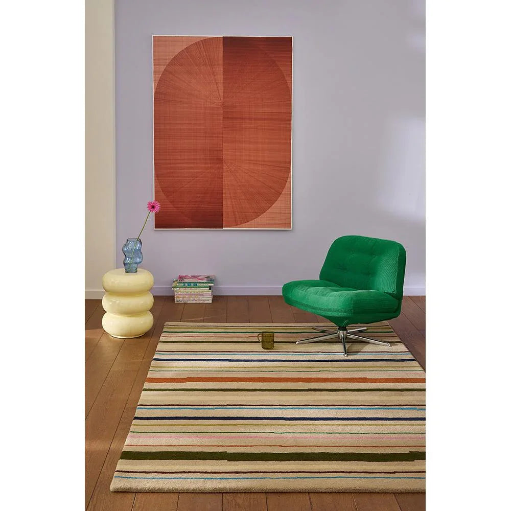 B&C Decor Shift Multi Beige Rug featuring striped pattern in cream, navy, teal, orange on beige background, hand-tufted wool