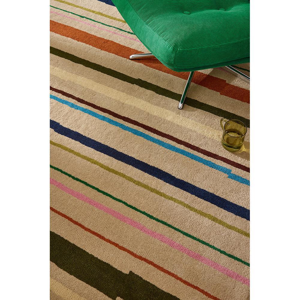 B&C Decor Shift Multi Beige Rug featuring striped pattern in beige, navy, pink, green on cream background, hand-tufted wool