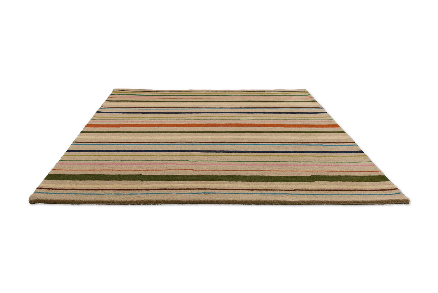 Brink & Campman B&C Decor Shift Multi Beige Rug featuring striped pattern in navy, olive, orange, pink on light beige background, hand-tufted wool