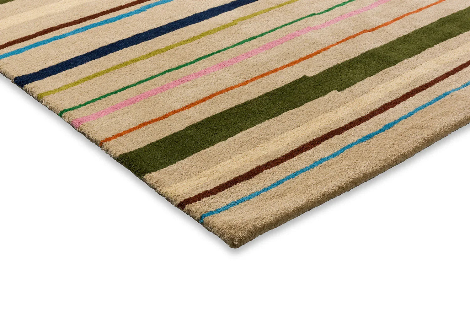 B&C Decor Shift Multi Beige Designer Rug featuring striped pattern in blue, navy, pink, orange and green on beige background, hand-tufted wool