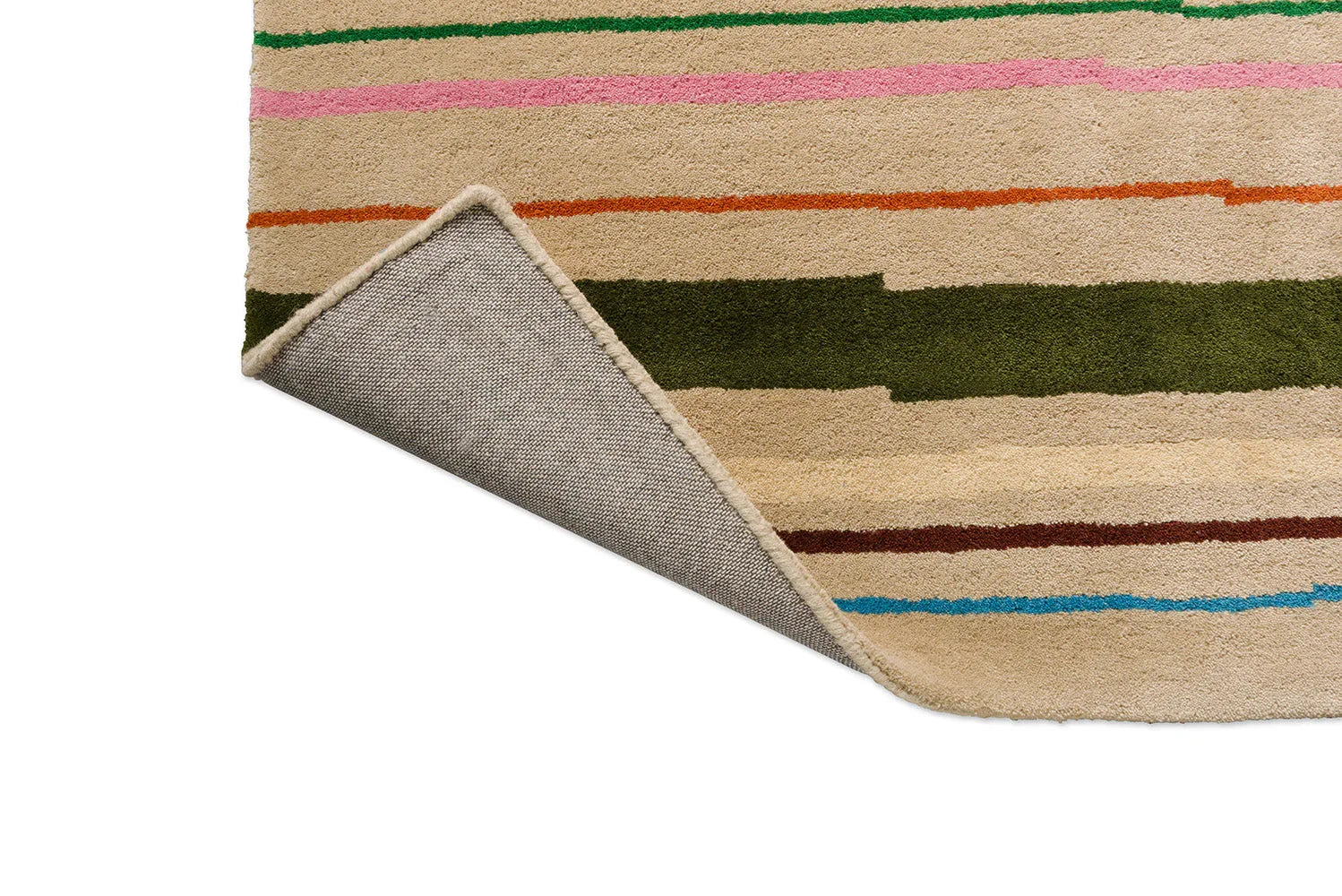 B&C Decor Shift Multi Beige Designer Rug featuring striped pattern in green, pink, orange, dark green, blue on beige background, hand-tufted wool