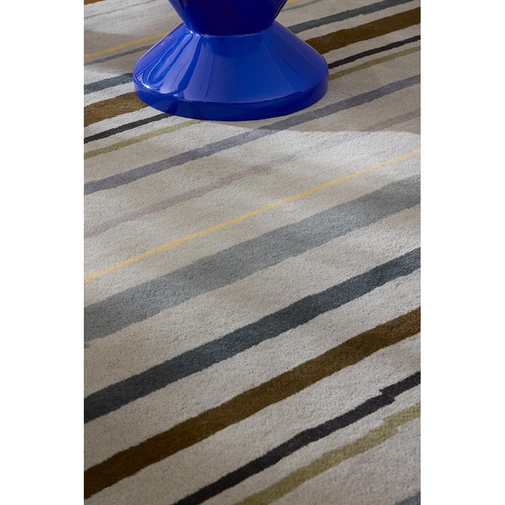 B&C Decor Shift Steel Metal Designer Rug featuring striped abstract pattern in cream, beige, taupe, grey, brown on light background, hand-tufted wool