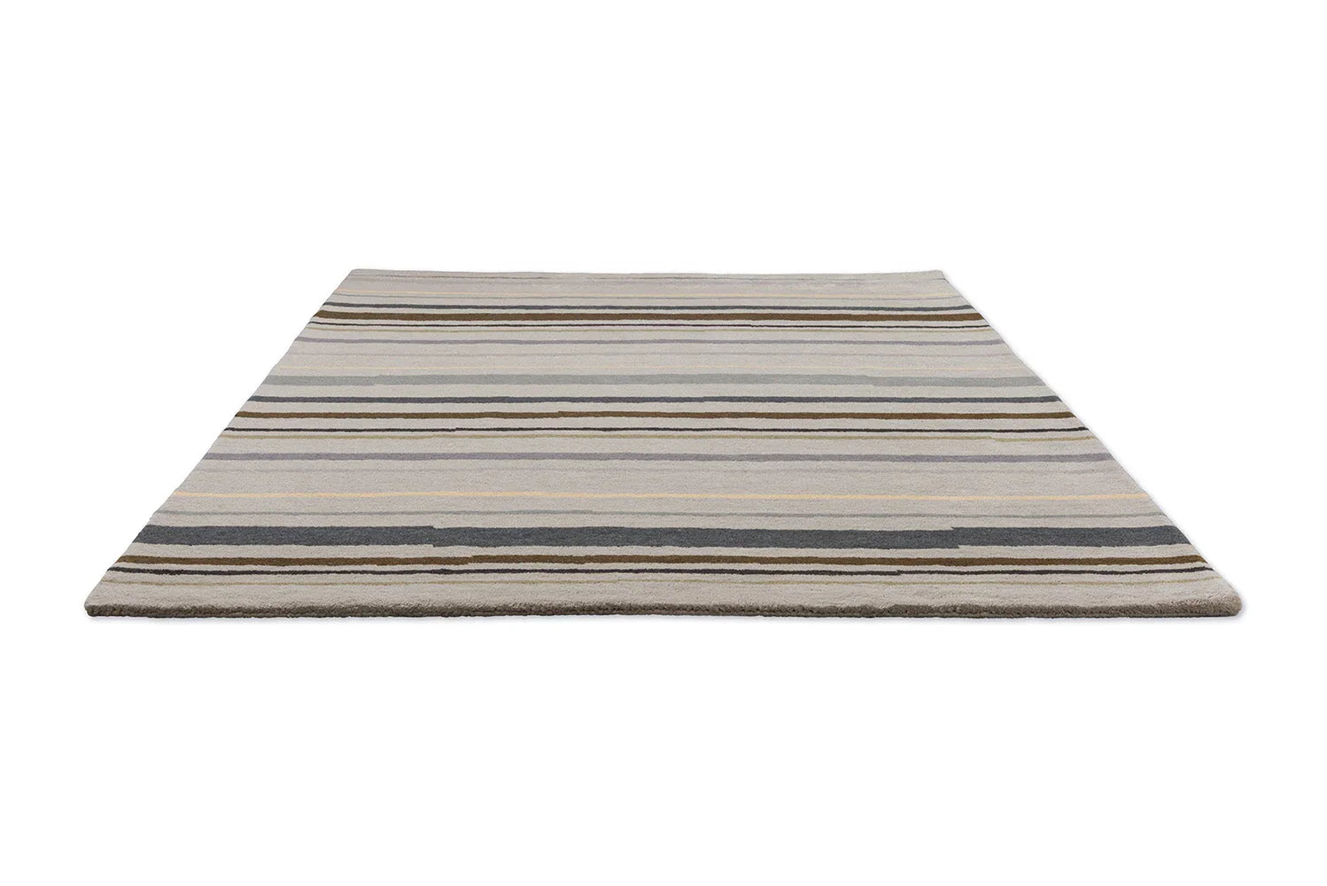 Brink & Campman B&C Decor Shift Steel Metal Rug featuring horizontal stripe pattern in beige, taupe, grey, blue-grey and brown on light background, machine-woven