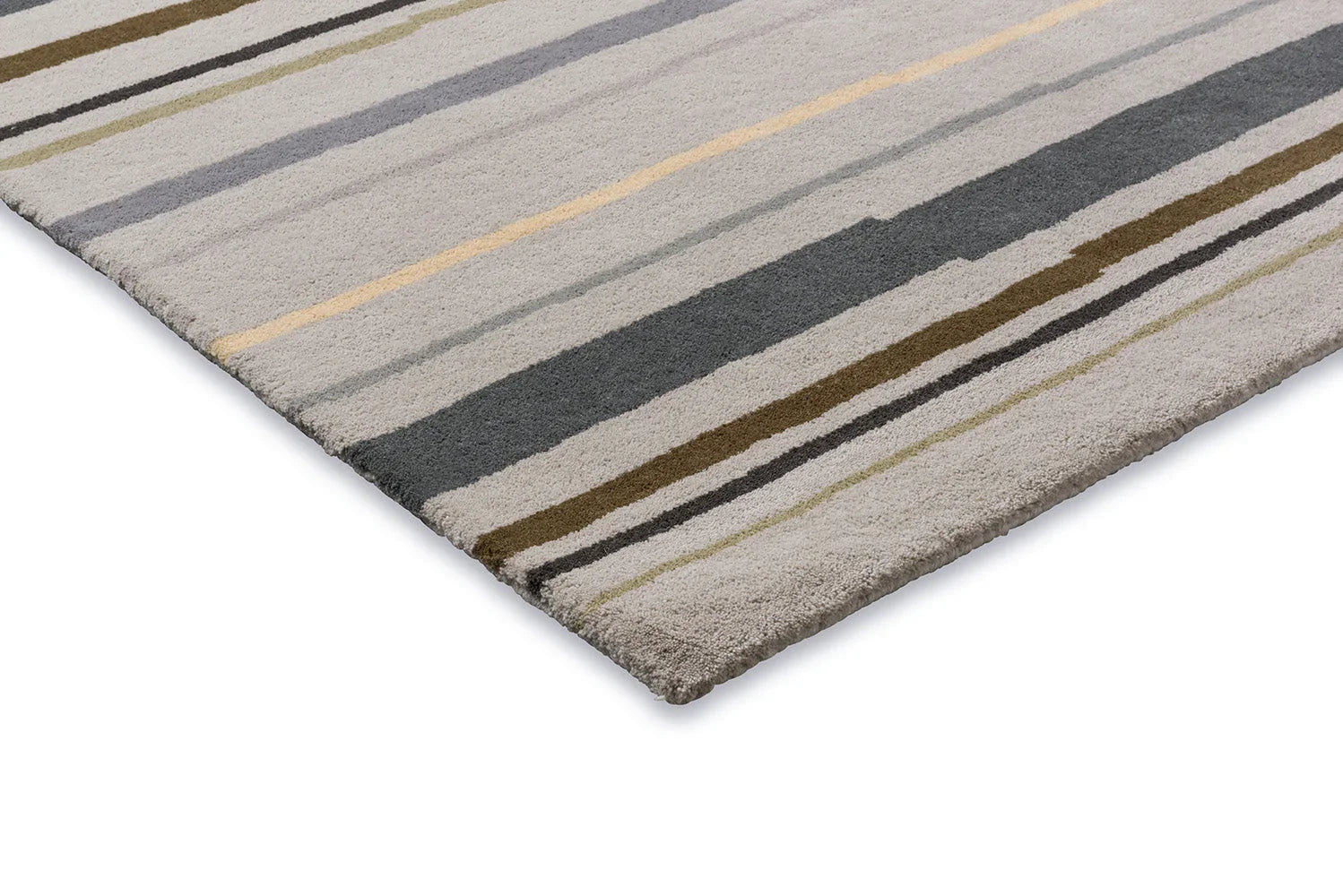 B&C Decor Shift Steel Metal rug featuring striped pattern in steel blue/grey, beige, olive and mustard on beige background, hand-tufted wool