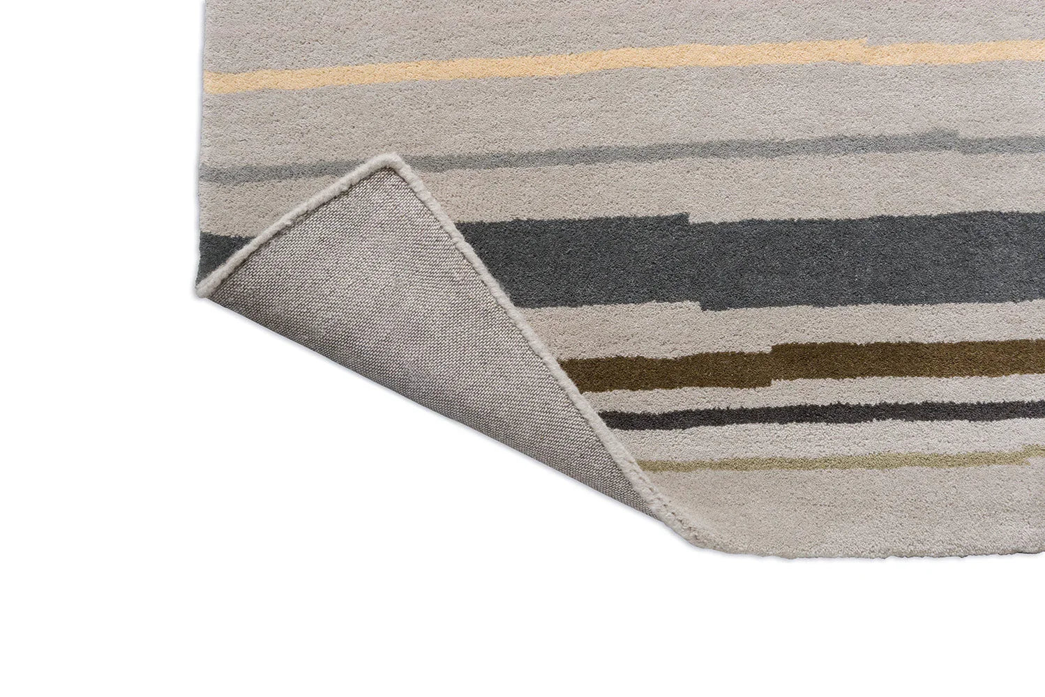 B&C Decor Shift Steel Metal Rug featuring abstract horizontal stripes in beige, taupe, charcoal, olive and mustard on light sand, hand-tufted wool