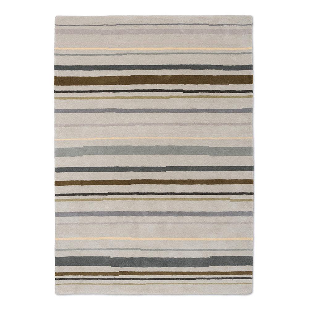 Brink and Campman Decor Shift Steel Metal hand-tufted wool rug featuring horizontal bands in sophisticated neutral palette of warm beige, cool grey, charcoal, olive green, and cream with subtle colour-shift effect
