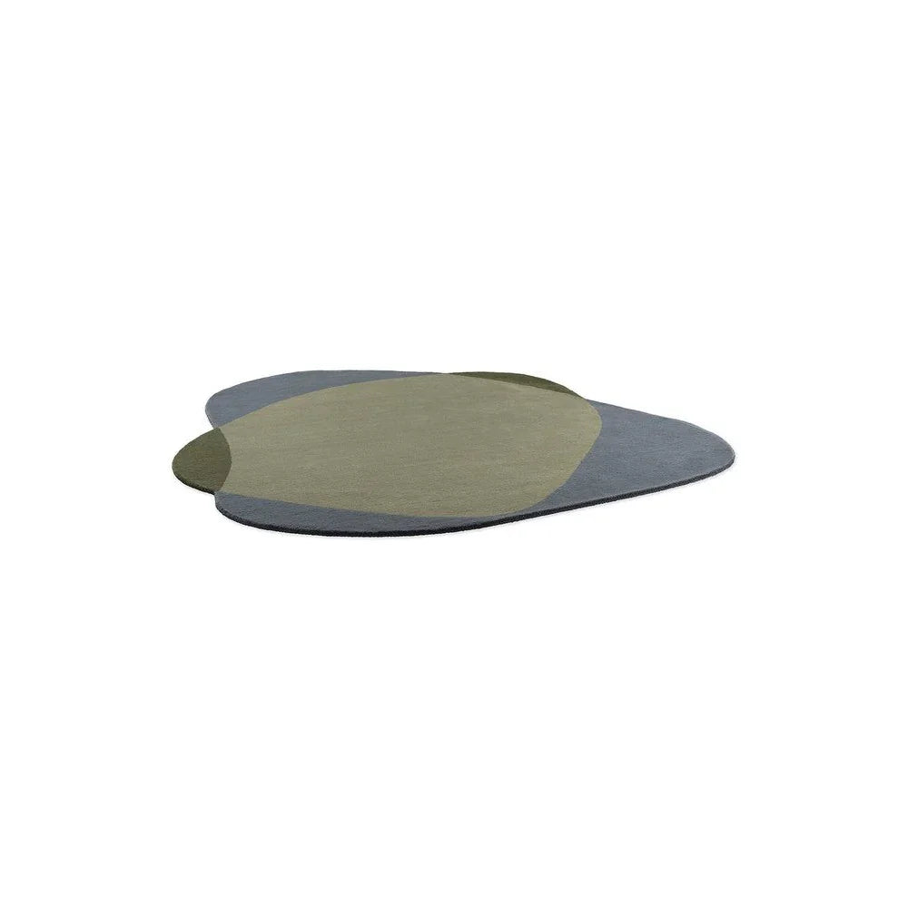 Brink & Campman Element Chad Grey Green Designer Rug featuring abstract overlapping circles in grey, olive on pale grey background