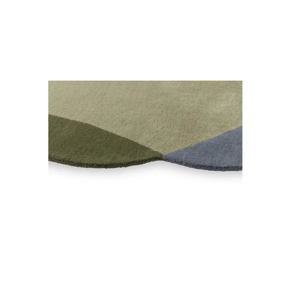 Brink & Campman Element Chad Grey Green Rug featuring abstract geometric blocks in olive, sage, khaki and slate blue on pale background, hand-tufted wool