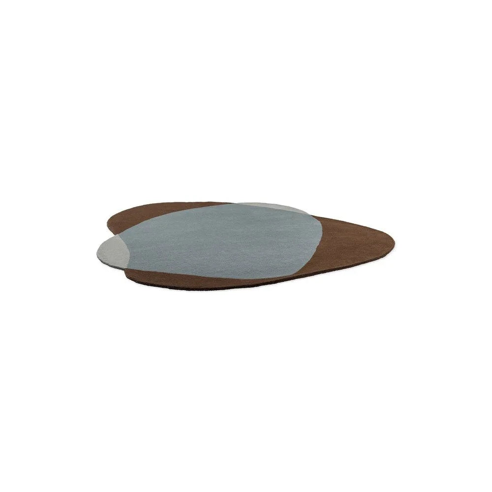 Brink & Campman Element Chad Brown Blue Designer Rug featuring abstract overlapping shapes in brown, slate blue and light gray on cream, hand-tufted wool