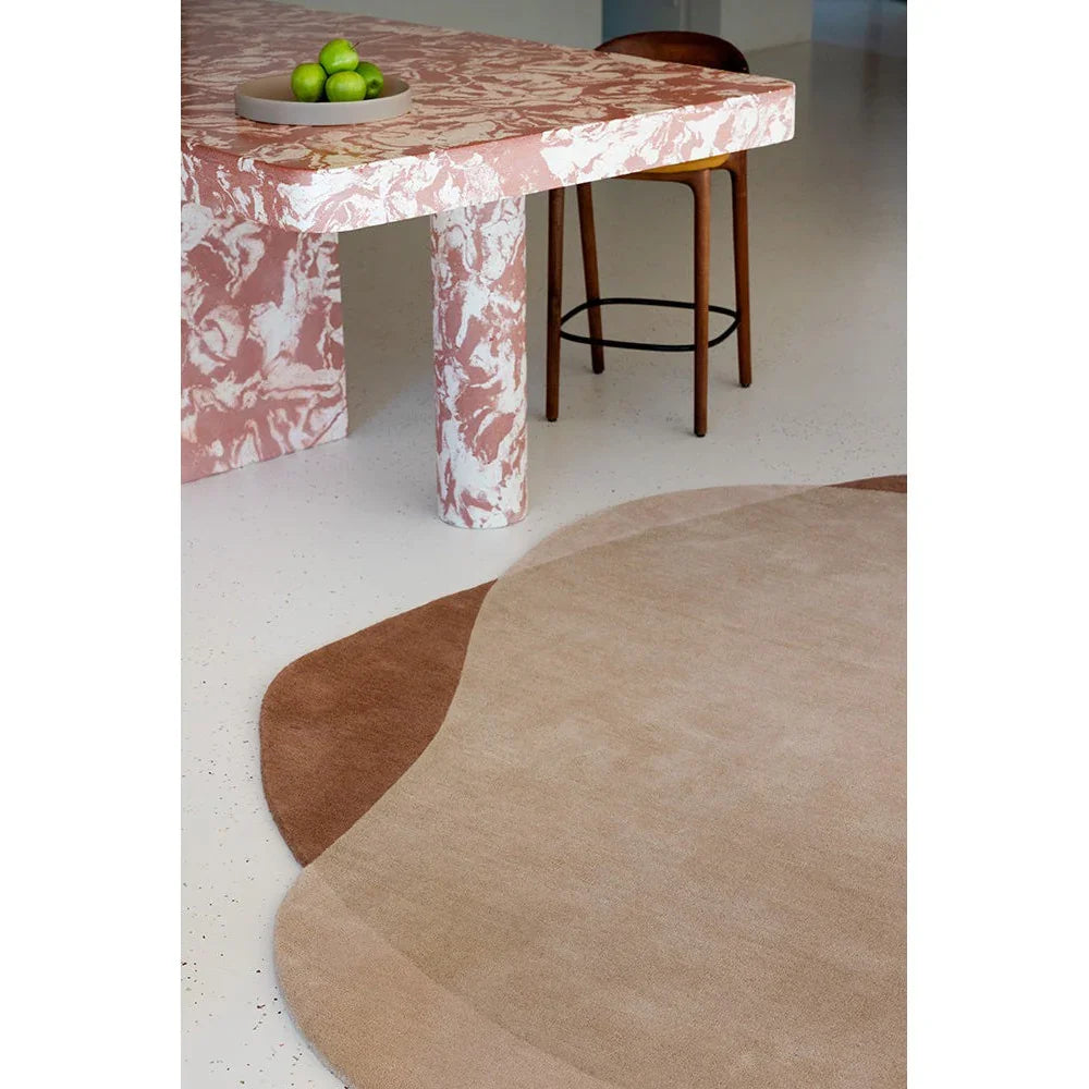 Brink & Campman Element Moore Caramel designer rug featuring abstract curved block pattern in caramel, beige, taupe on warm ivory background, hand-tufted wool