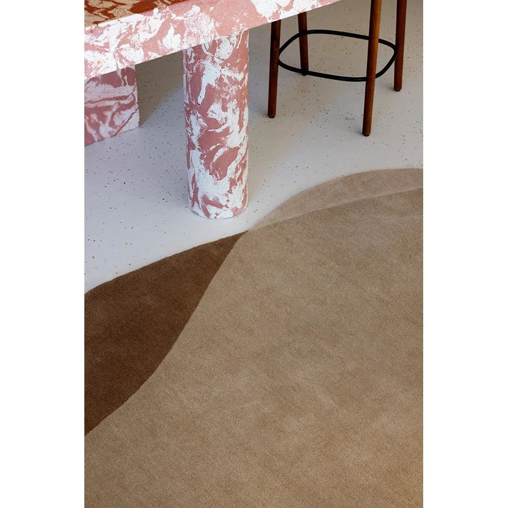 Brink & Campman Element Moore Caramel Rug featuring abstract curved blocks in caramel, taupe and chocolate on beige, power-loomed wool