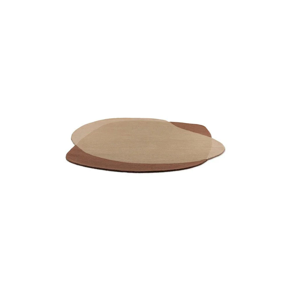 Brink & Campman Element Moore Caramel Rug with overlapping circular discs in caramel, beige and taupe on white, hand-tufted wool