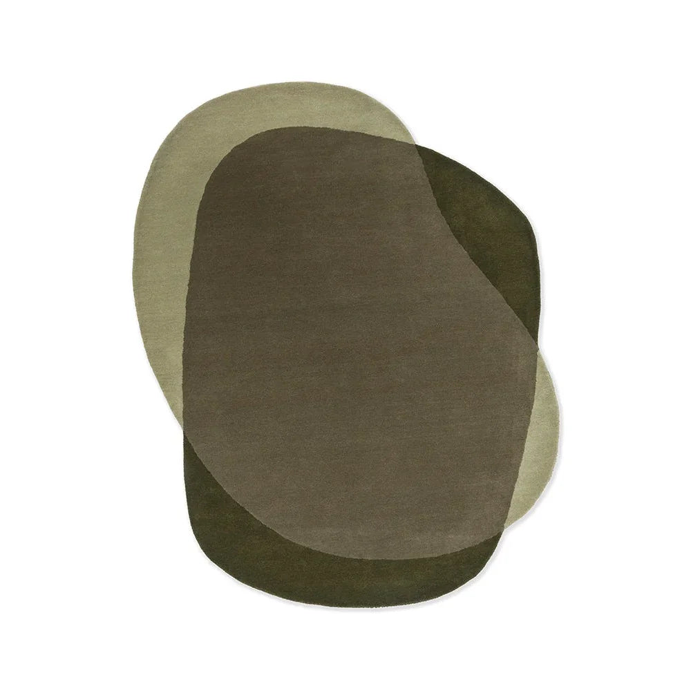 Brink & Campman Element Moore Moss Designer Rug featuring abstract overlapped oval shapes in moss green, olive and taupe on white background, hand-tufted wool