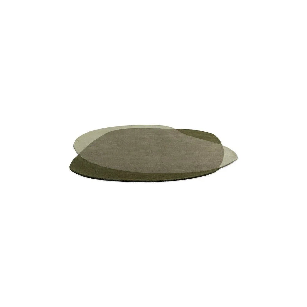 Brink & Campman Element Moore Moss Designer Rug featuring overlapping circular motif in moss green, olive and taupe on white background, woven wool blend