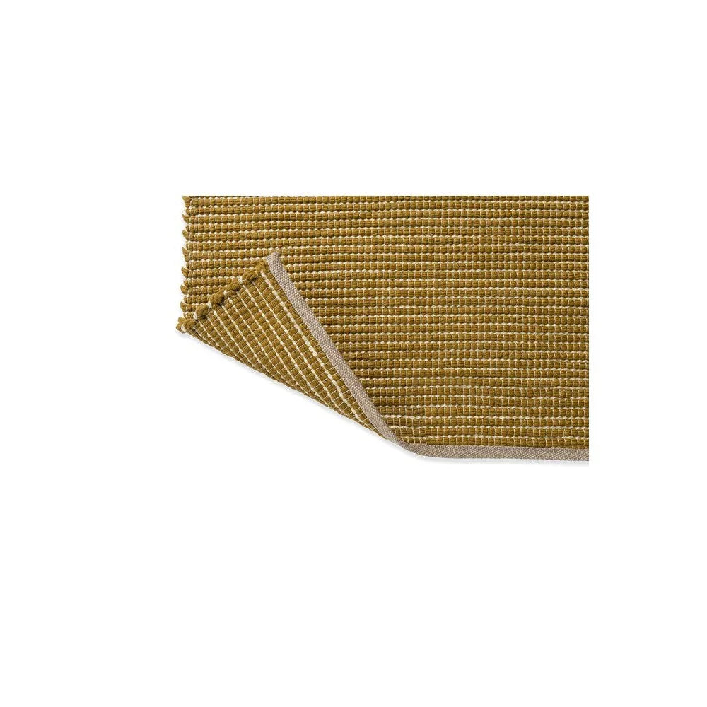 Brink & Campman Frame Mustard Designer Rug featuring striped textured weave in mustard, cream on beige background, hand-woven wool
