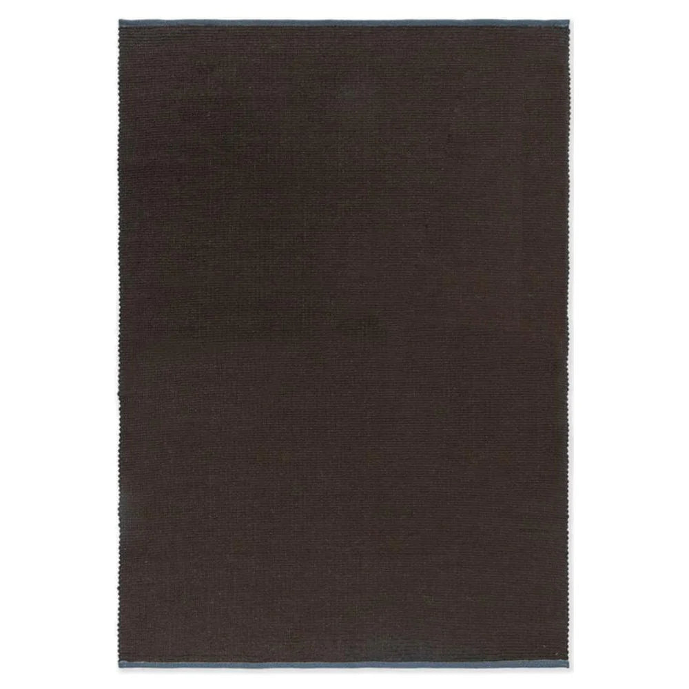 Brink & Campman Grid Cacao Rug featuring subtle grid design in dark chocolate brown with blue edges on white background, hand-tufted wool