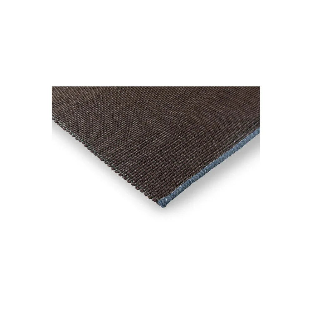 Brink & Campman Grid Cacao Rug featuring grid pattern in dark chocolate brown with blue edge on white background, machine-woven wool