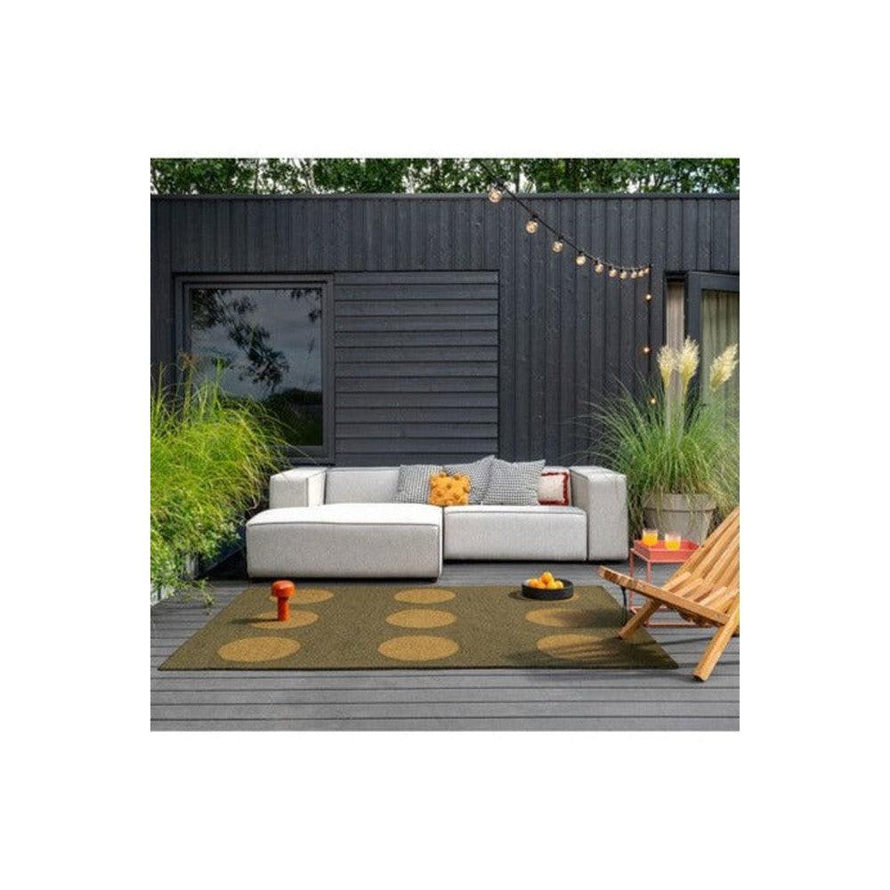 Brink & Campman Habitat Festival Dots Olive Green Outdoor Designer Rug featuring circular dot pattern in olive green, ochre and tan on olive background, power-loomed polypropylene