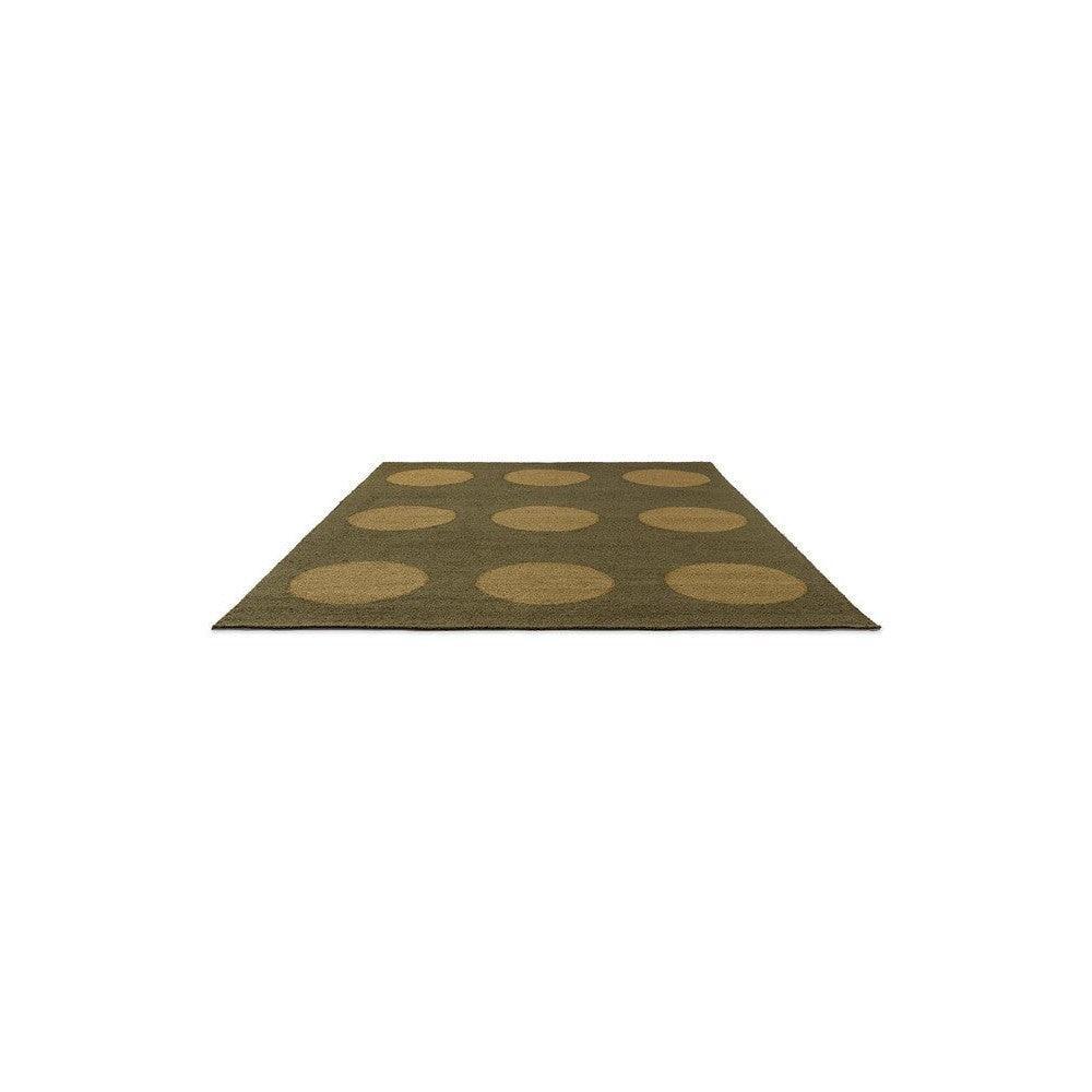 Brink & Campman Habitat Festival Dots Olive Green Outdoor Designer Rug featuring polka dot pattern in olive green & tan on olive background, outdoor polypropylene