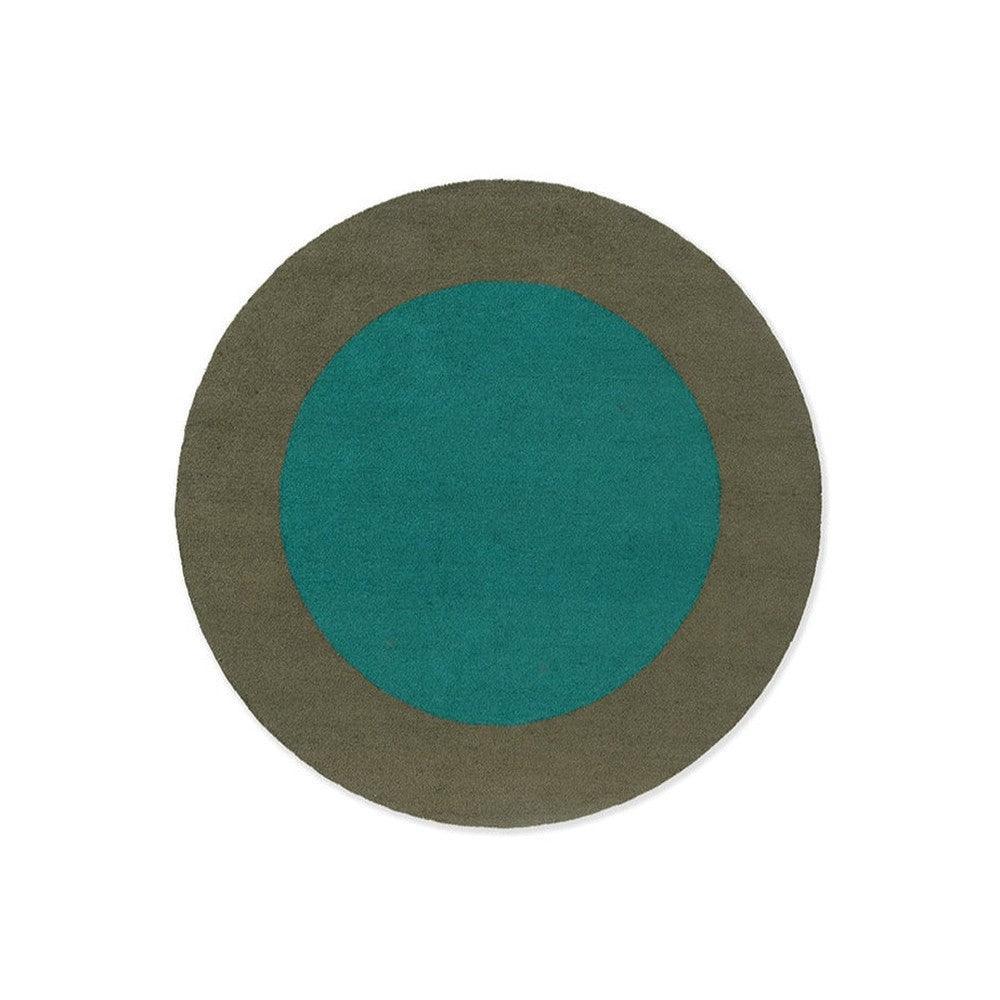 Brink & Campman Habitat Festival Round Aqua Rug featuring circular aqua teal center and olive ring on white, power-loomed polypropylene