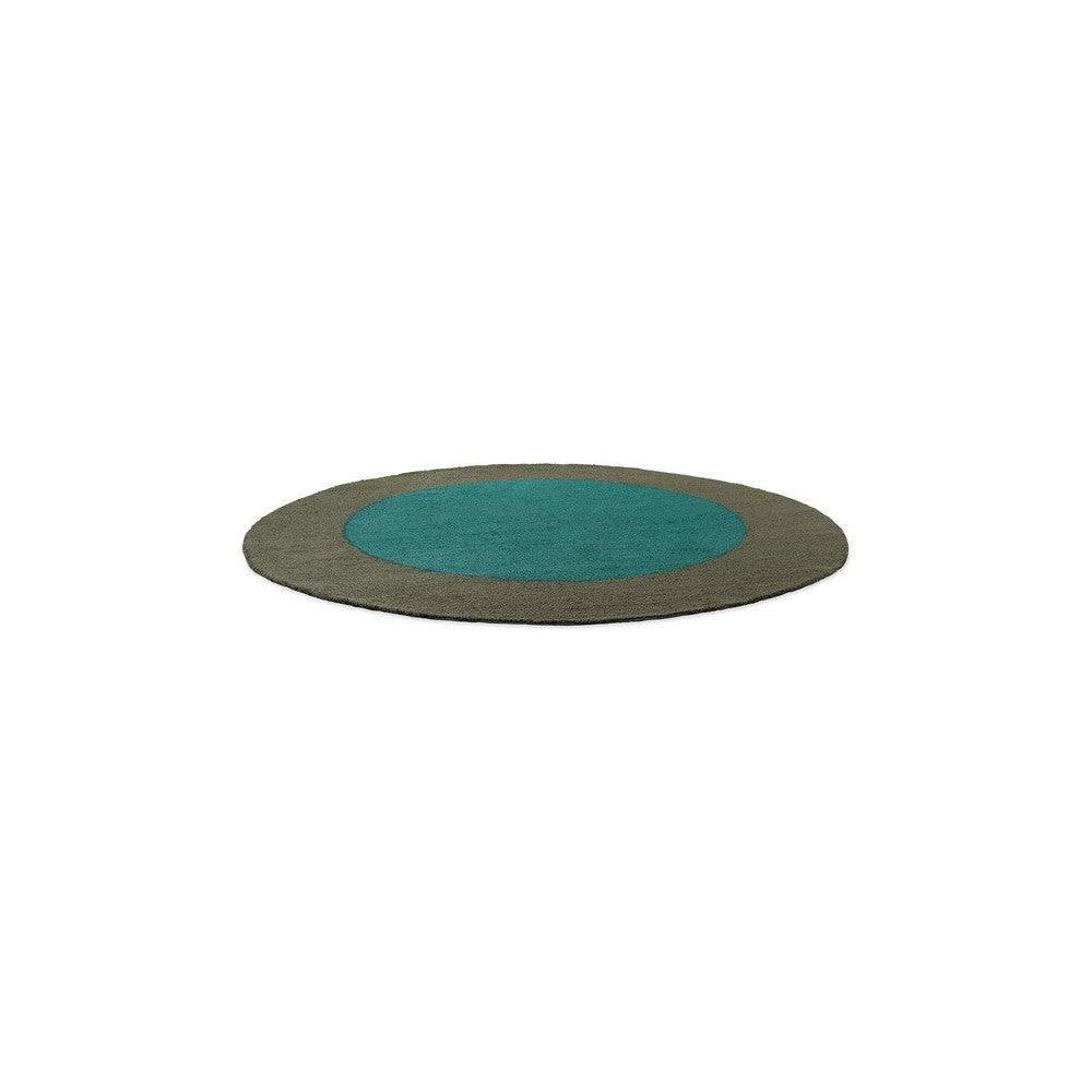 Brink & Campman Habitat Festival Round Aqua Outdoor Rug featuring aqua centre circle with olive border on tan background, machine-made polypropylene