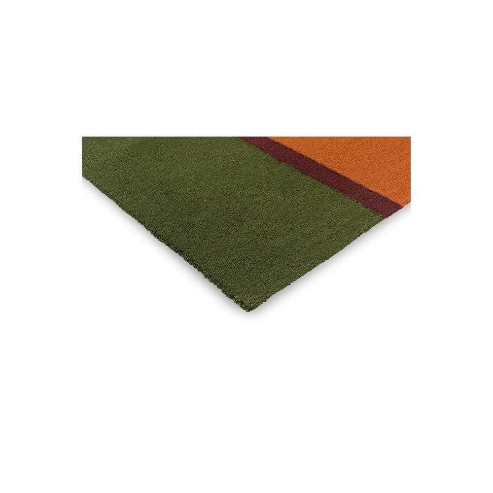 Brink & Campman Habitat Festival Stripe Orange Outdoor Rug featuring olive green and orange stripes with brown edge on neutral background, outdoor polypropylene