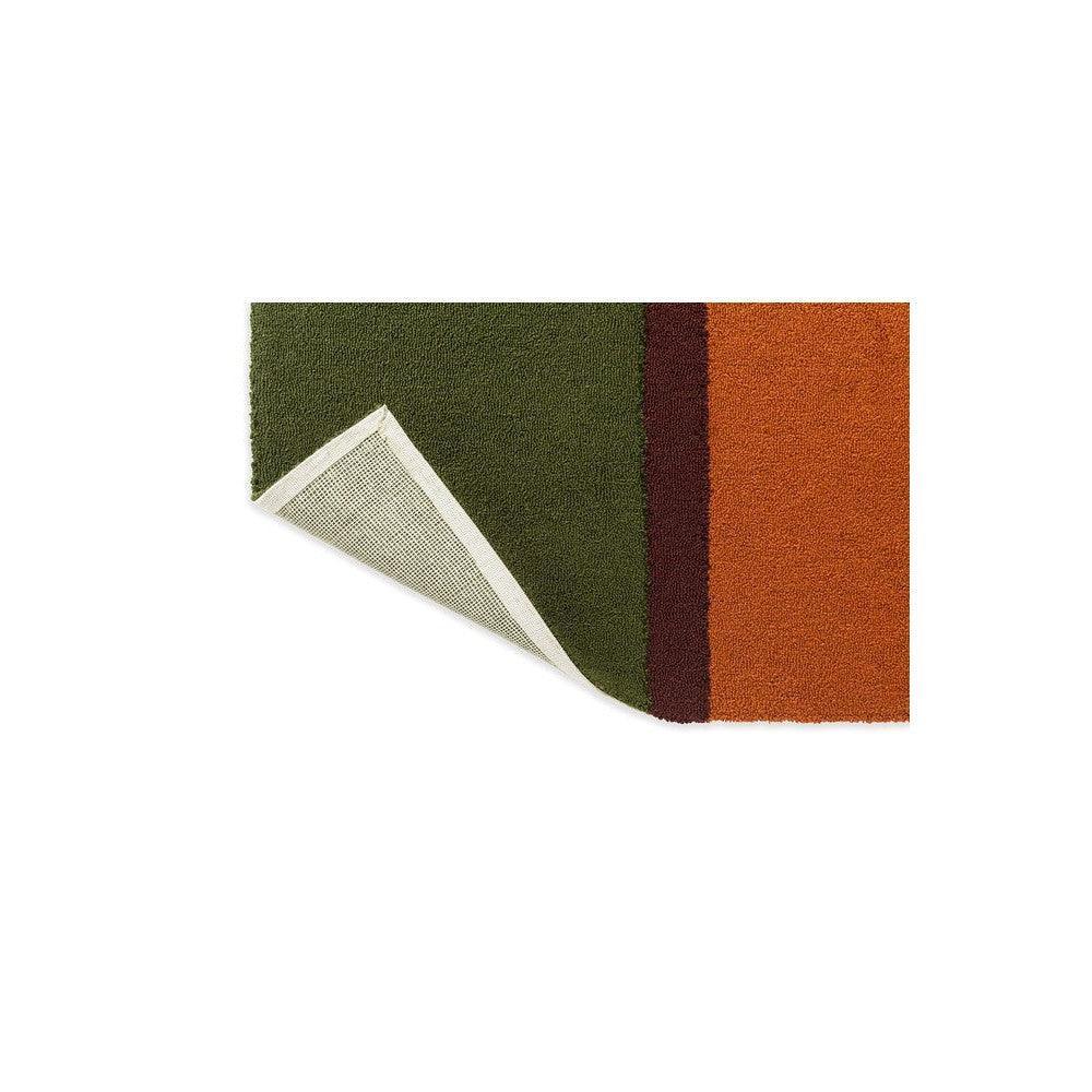 Brink & Campman Habitat Festival Stripe Orange outdoor rug featuring striped pattern in olive green, dark burgundy and burnt orange on light background, power-loomed polypropylene