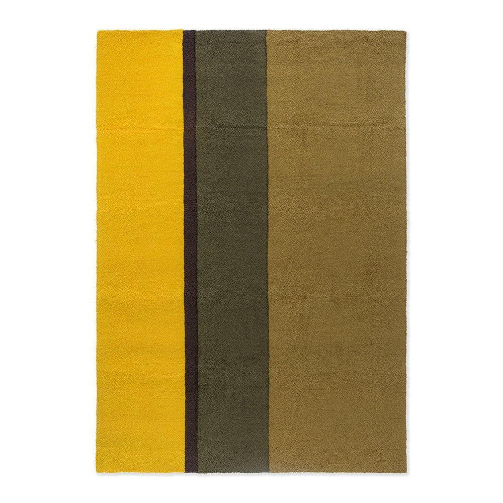 Brink & Campman Habitat Festival Stripe Yellow Rug featuring vertical mustard, olive and tan stripes on white background, machine-made polypropylene