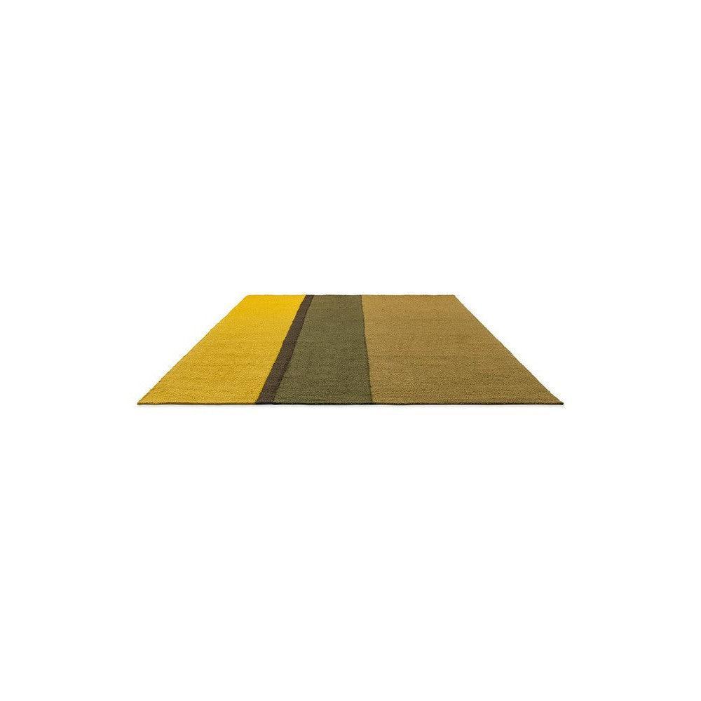 Brink & Campman Habitat Festival Stripe Yellow Outdoor Rug featuring striped pattern in mustard yellow, olive and taupe on beige background, machine-made polypropylene