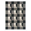 Harlequin Blocks Slate Designer Rug featuring geometric block pattern in slate, charcoal, taupe and cream on pale background, hand-tufted wool