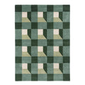 Harlequin Blocks Fern Designer Rug featuring geometric checkerboard in emerald, sage green, forest with pale pink squares on moss-green background, hand-tufted wool