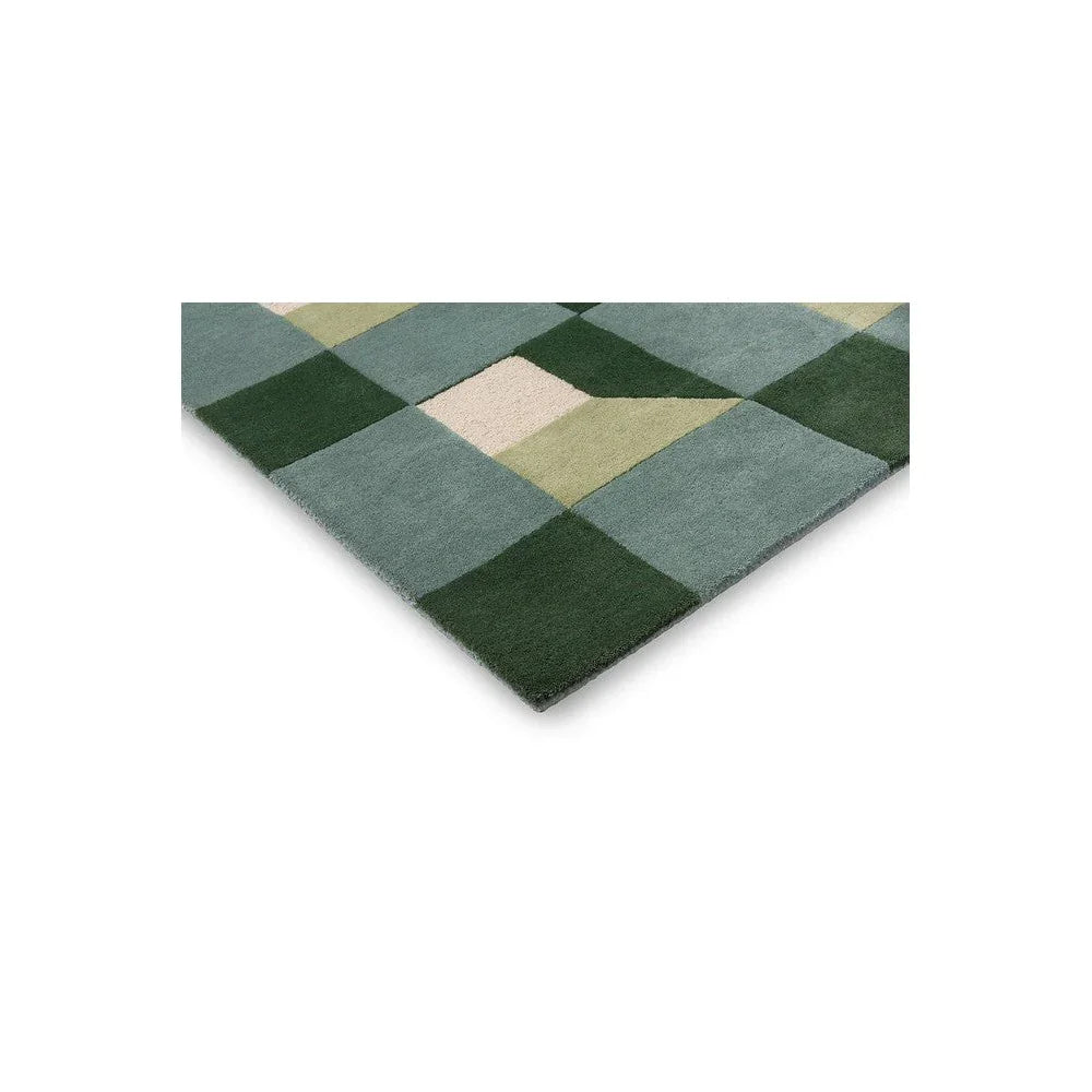 Harlequin Blocks Fern Rug featuring geometric checker in dark green, forest green, sage and beige on light background, hand-tufted wool