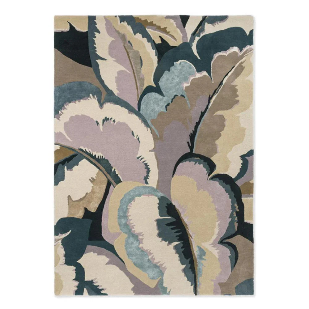 Harlequin Calathea Shiitake/Wild Water Designer Rug with abstract botanical pattern in sage, lilac, navy, taupe on cream, hand-tufted wool