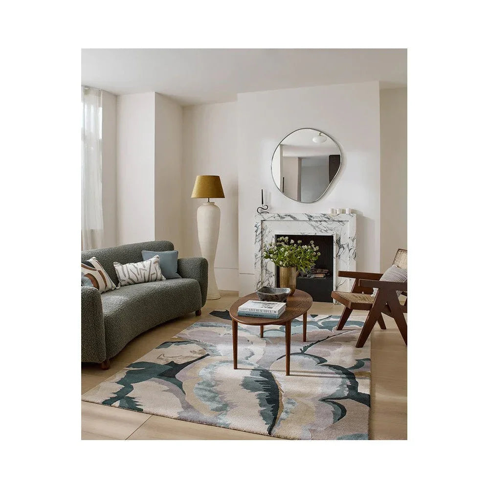 Harlequin Calathea Shiitake/Wild Water Rug featuring abstract botanical pattern in teal, sage, and cream on light beige background, hand-tufted wool