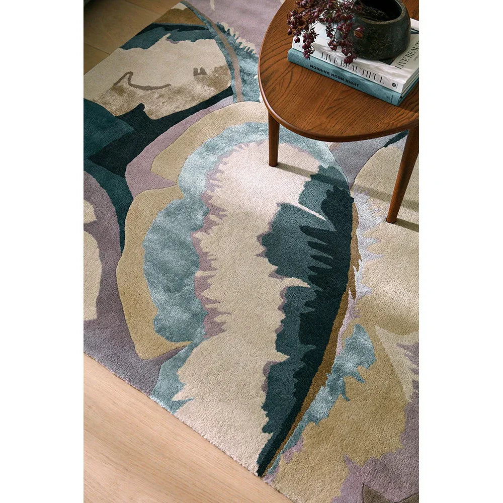 Harlequin Calathea Shiitake/wild Water Designer Rug featuring abstract botanical pattern in cream, teal, sage, navy on beige, machine-woven wool